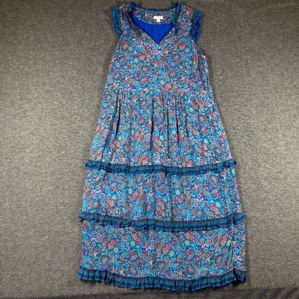 J.jill maxi Dress sundress Womens Sleeveless‎ Blue Red Tiered Floral Boho